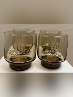 VTG Pfaltzgraff Village Smoky Brown Lowball Glasses Set of 4 Etched Tulip 8oz